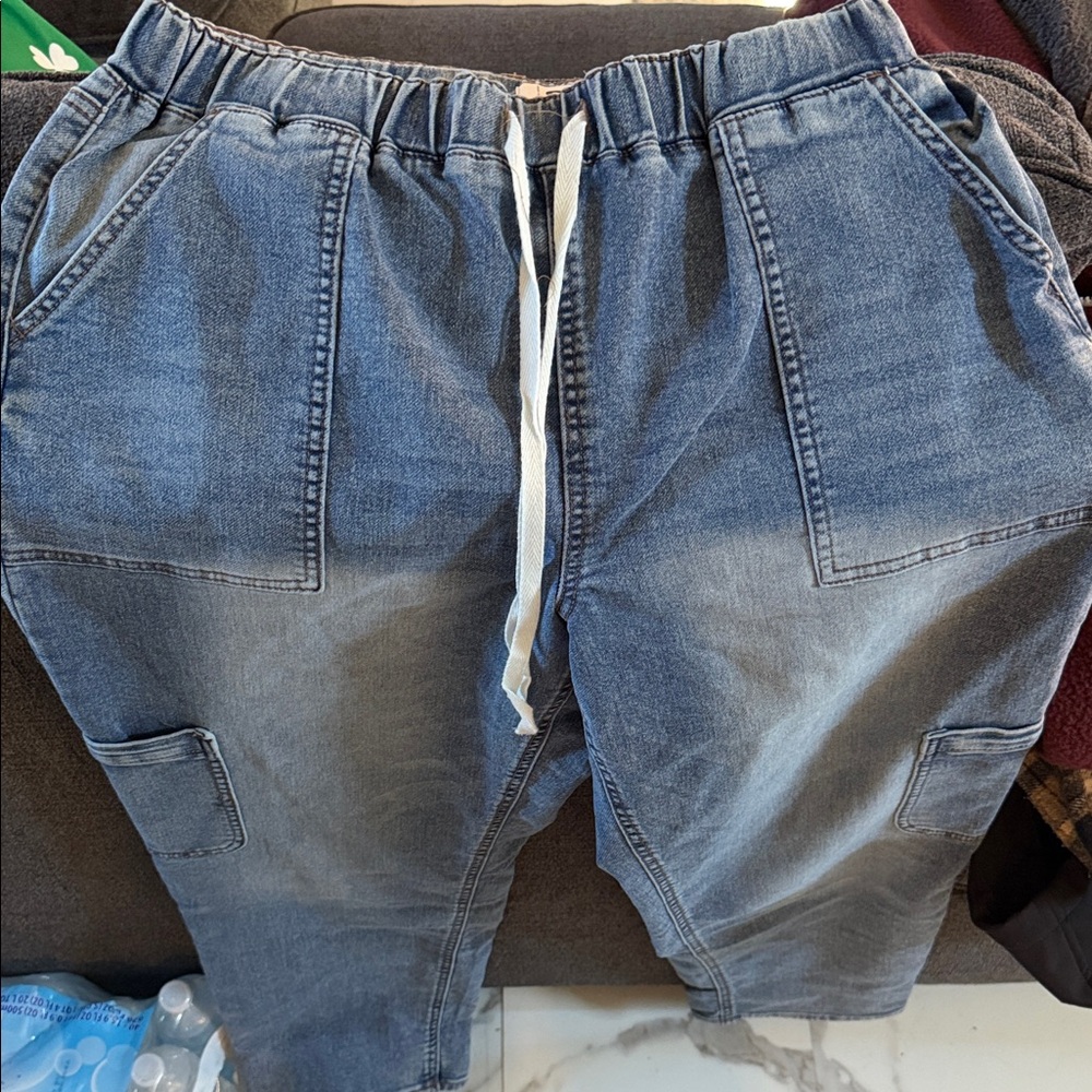 Women’s Blue Denim Straight Leg Jeans with Drawstring